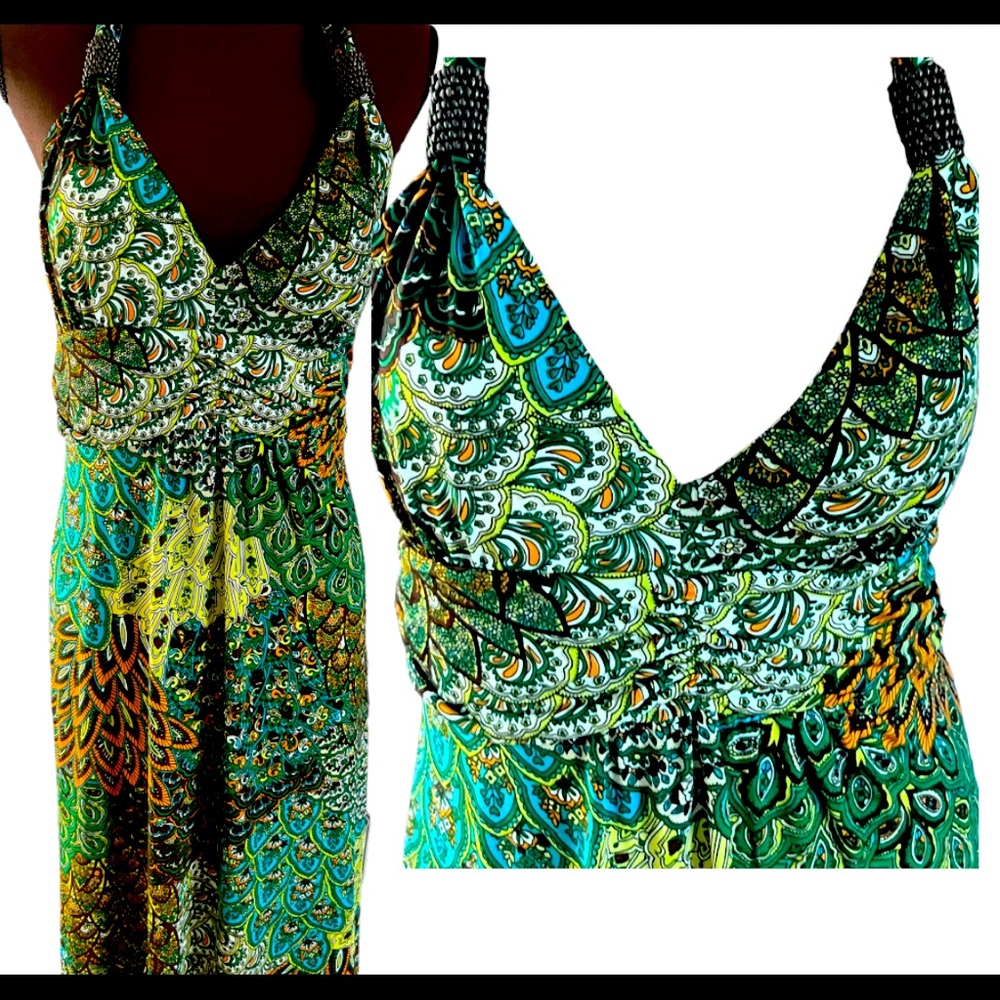 Green Summer Halter Maxi Long Dress, Beach , Boho Beaded Party,Vacation Gown, L